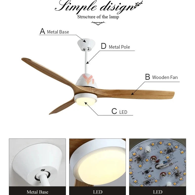 Ventilador de techo moderno con luz, lámparas creativas de ventilador de techo de 52 pulgadas para comedor, dormitorio, restaurante, ventilador de madera, luz de 4 colores