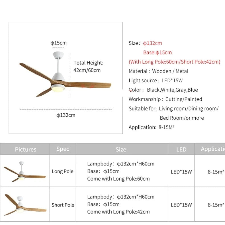 Ventilador de techo moderno con luz, lámparas creativas de ventilador de techo de 52 pulgadas para comedor, dormitorio, restaurante, ventilador de madera, luz de 4 colores