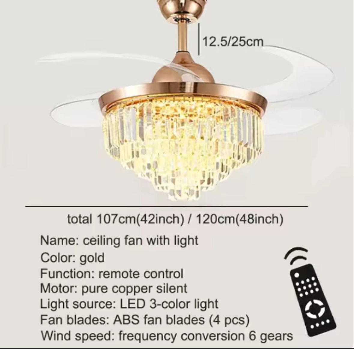 Luz de ventilador de techo de cristal, luz de ventilador de comedor, luz de sala de estar, ventilador sigiloso posmoderno de lujo, lámpara de ventilador de techo