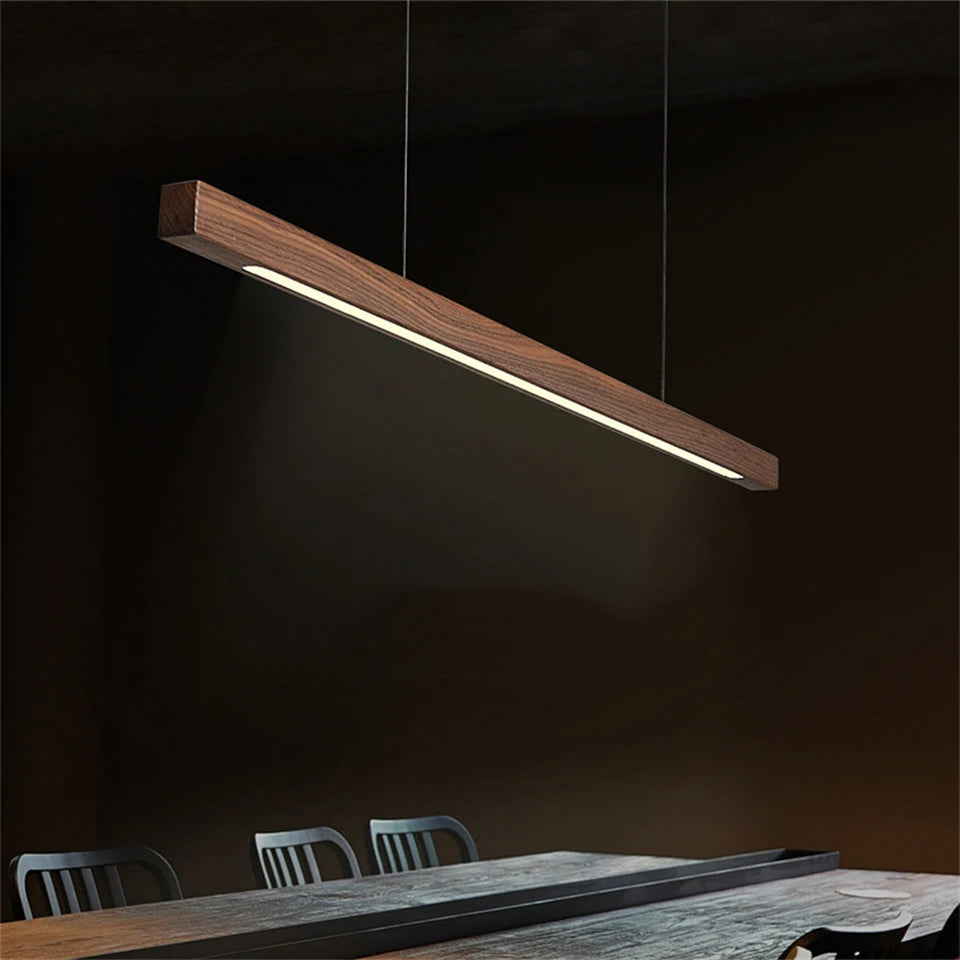 Luces colgantes de madera, lámpara colgante de mesa moderna, luz LED lineal larga, iluminación de Isla de cocina para comedor, sala de estar y oficina