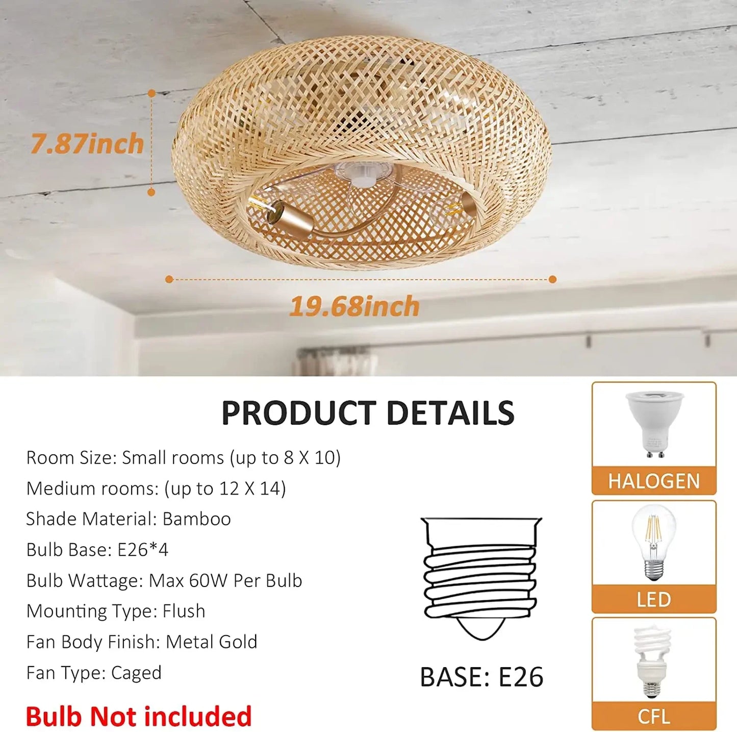 Rattan Hand-woven Caged Remote control LED Ceiling Fan