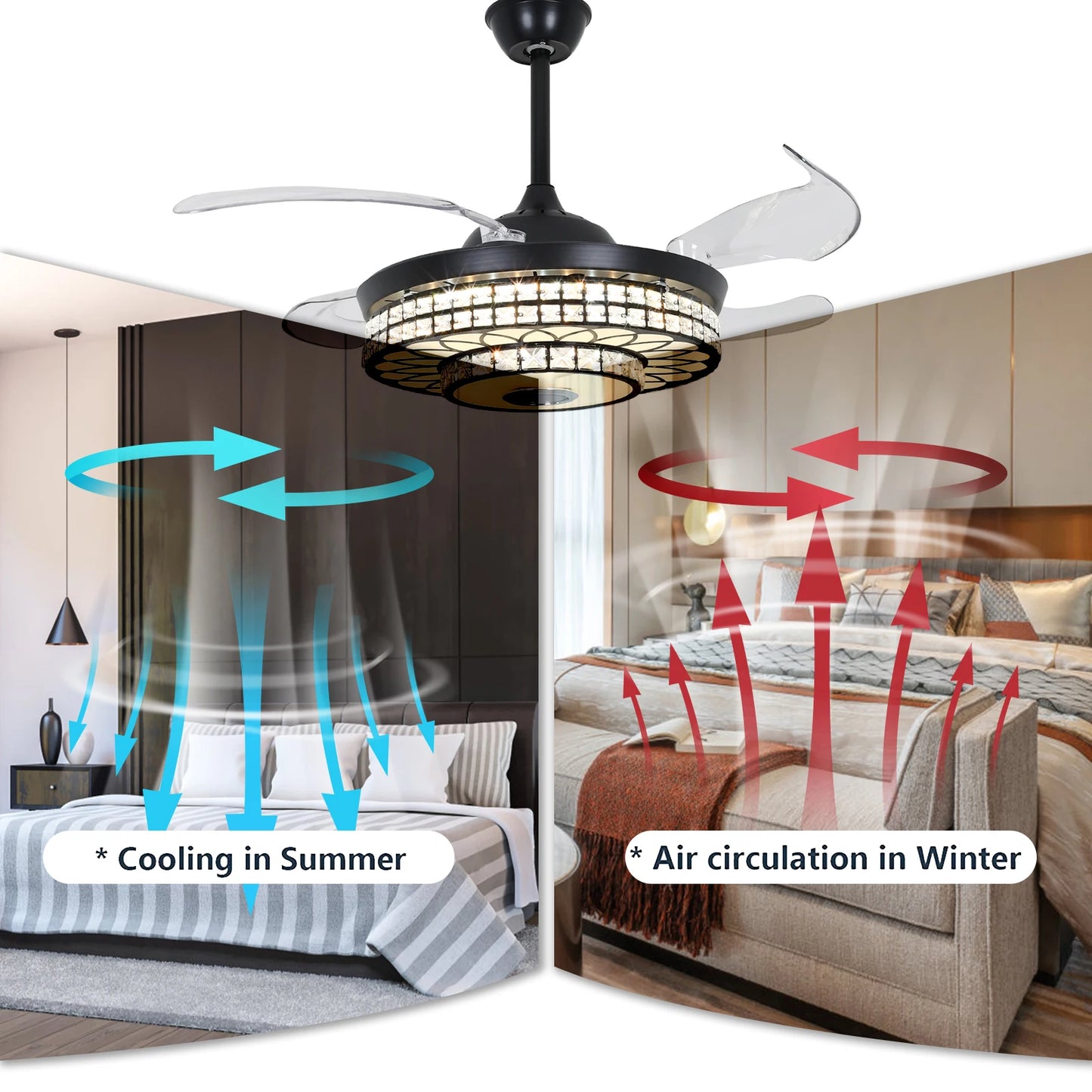 LED Retractable Bluetooth Music Speaker  7-Color Crystal Modern Ceiling Fan