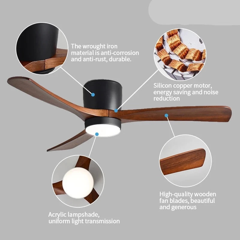 Carved Wood Fan Blades Noiseless Reversible Motor Remote Control Flush Mount