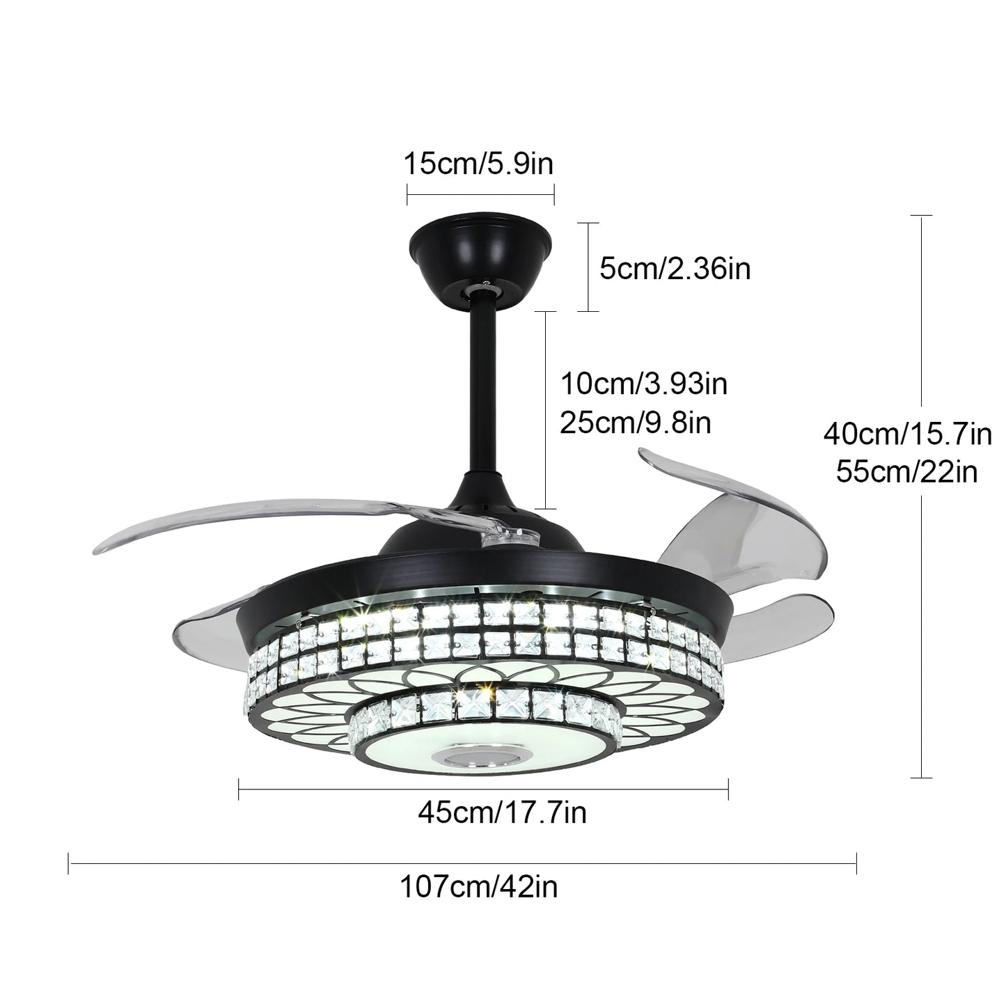 LED Retractable Bluetooth Music Speaker  7-Color Crystal Modern Ceiling Fan