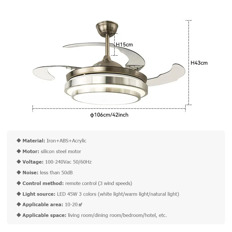 Dimmable Retractable Blade ceiling Fan Light LED