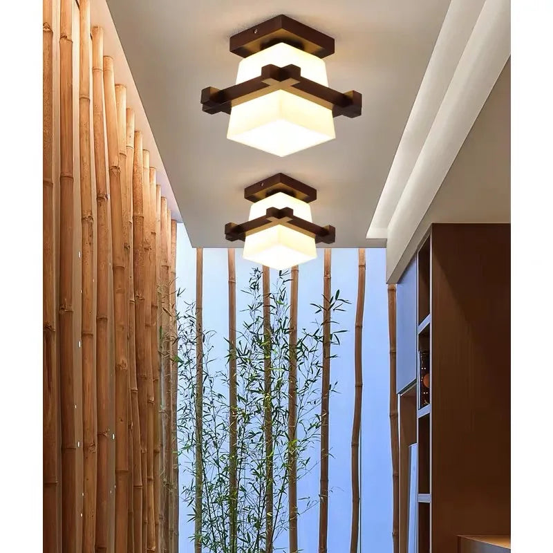 Lámpara LED de madera japonesa Simple, retro, para sala de estar, dormitorio, pasillo, porche, balcón, accesorios de iluminación, lámpara de techo con pantalla de cristal moderna