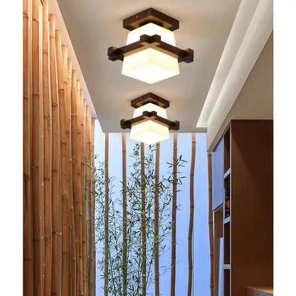 Lámpara LED de madera japonesa Simple, retro, para sala de estar, dormitorio, pasillo, porche, balcón, accesorios de iluminación, lámpara de techo con pantalla de cristal moderna