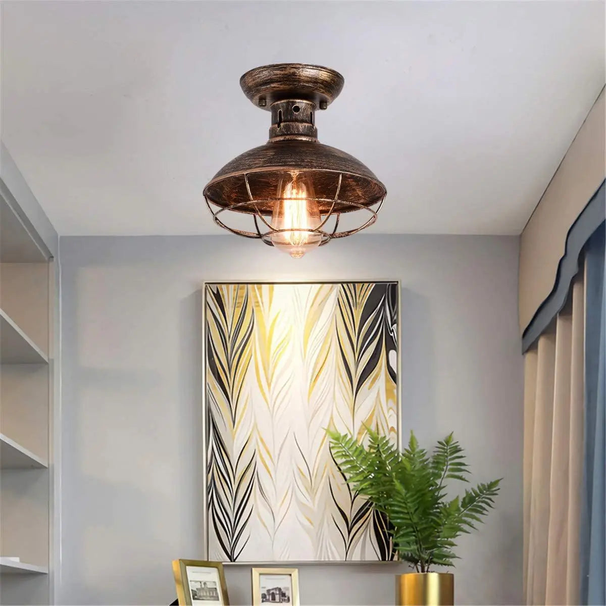 Lámpara de techo industrial de bronce frotado con aceite con jaula de metal, accesorio de iluminación semiempotrado para cocina de porche de granja