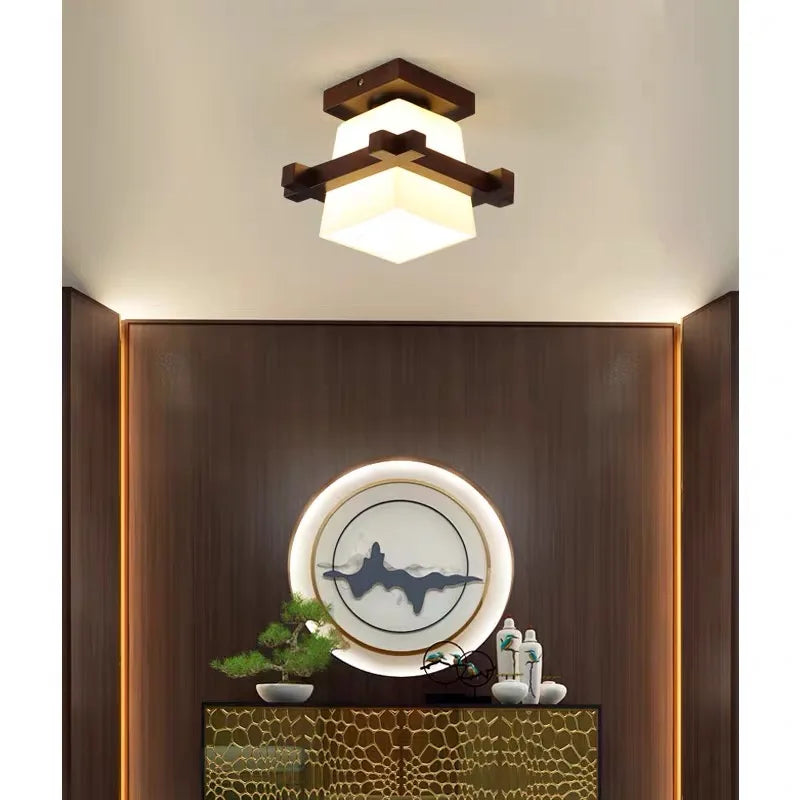 Lámpara LED de madera japonesa Simple, retro, para sala de estar, dormitorio, pasillo, porche, balcón, accesorios de iluminación, lámpara de techo con pantalla de cristal moderna