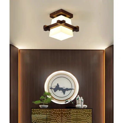 Lámpara LED de madera japonesa Simple, retro, para sala de estar, dormitorio, pasillo, porche, balcón, accesorios de iluminación, lámpara de techo con pantalla de cristal moderna
