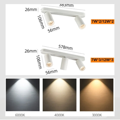 Focos regulables de múltiples cabezales, techo montado en superficie, antideslumbrante, sala de estar, dormitorio, pasillo, luz lineal larga sin guía, 7W/12W