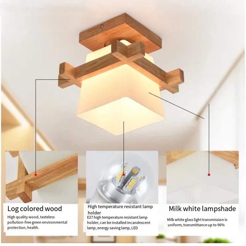 Lámpara LED de madera japonesa Simple, retro, para sala de estar, dormitorio, pasillo, porche, balcón, accesorios de iluminación, lámpara de techo con pantalla de cristal moderna