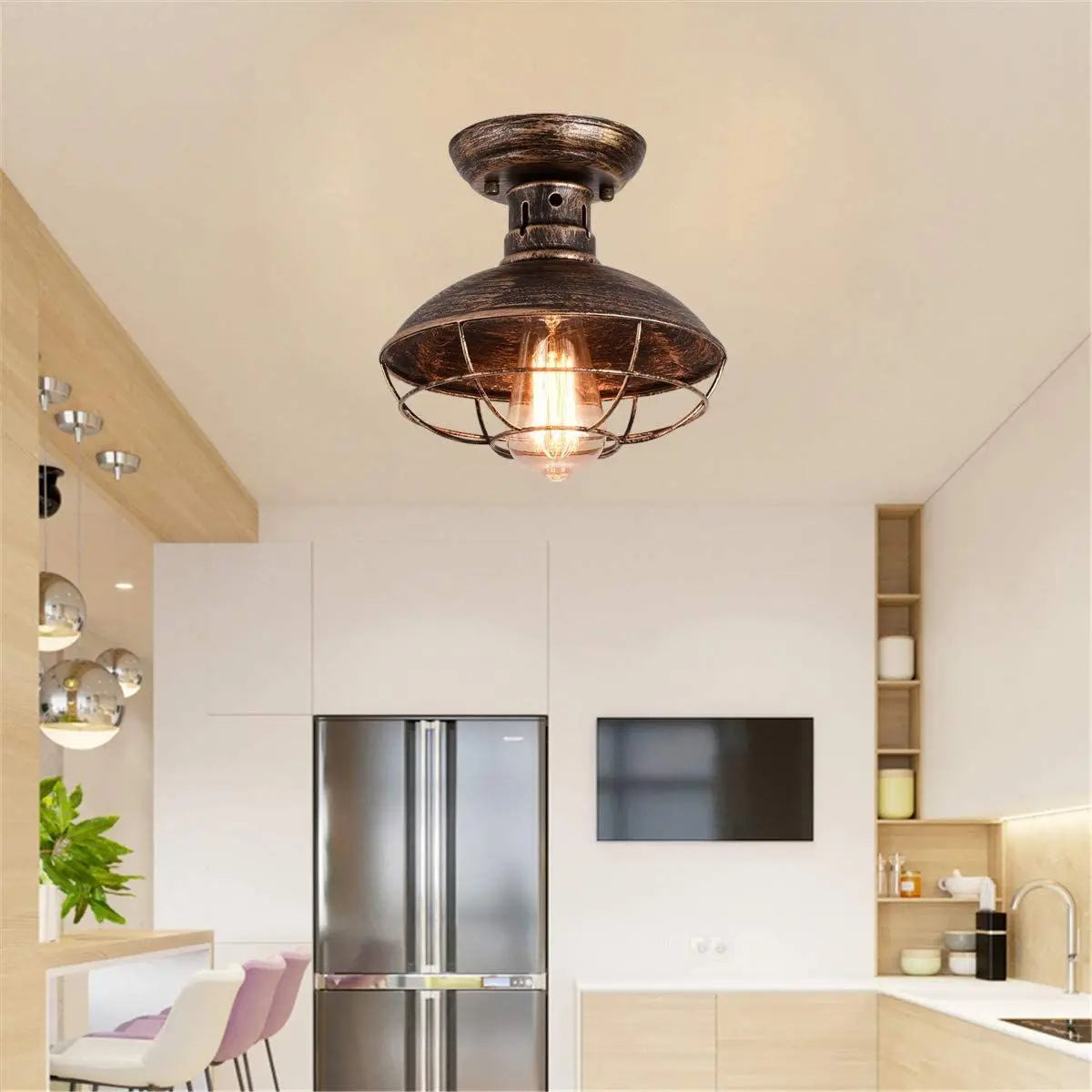 Lámpara de techo industrial de bronce frotado con aceite con jaula de metal, accesorio de iluminación semiempotrado para cocina de porche de granja