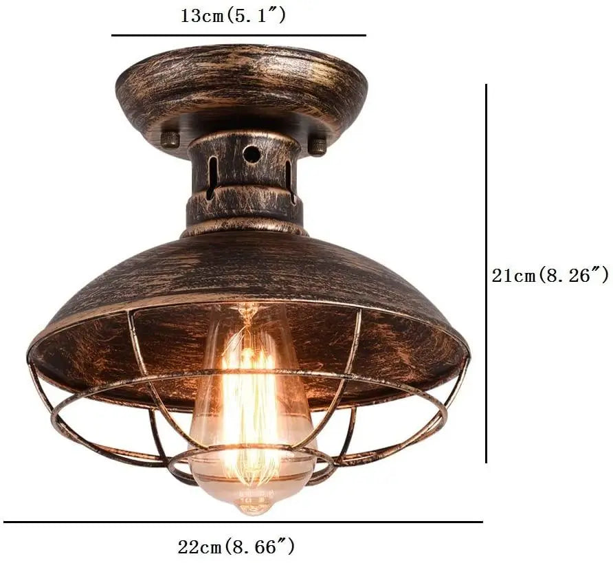 Lámpara de techo industrial de bronce frotado con aceite con jaula de metal, accesorio de iluminación semiempotrado para cocina de porche de granja