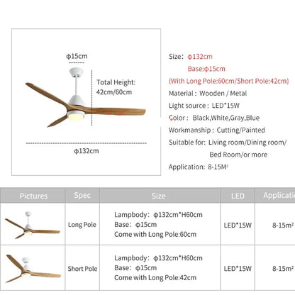 Ventilador de techo moderno con luz, lámparas creativas de ventilador de techo de 52 pulgadas para comedor, dormitorio, restaurante, ventilador de madera, luz de 4 colores