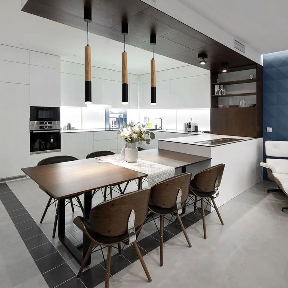 Lámpara colgante LED de madera de 7W, lámpara para colgar en comedor/sala de estar, cocina, isla, tienda, bar, cafetería, lámpara colgante de tubo largo, luces colgantes nórdicas