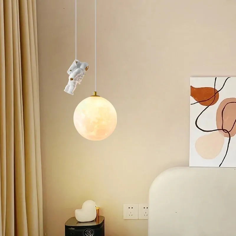 Lámpara colgante LED moderna para habitación de niños, lámpara colgante decorativa de hierro con dibujos de astronauta y Luna, para dormitorio, estudio, luminarias