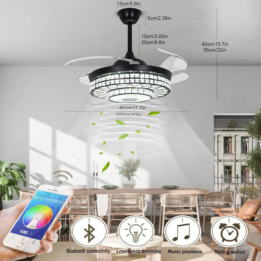 LED Retractable Bluetooth Music Speaker  7-Color Crystal Modern Ceiling Fan