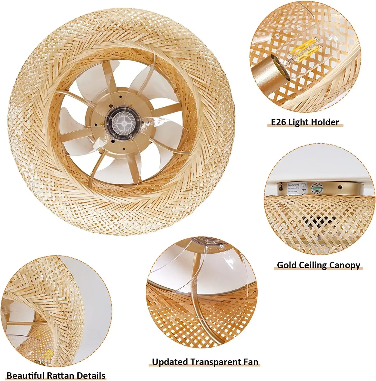 Rattan Hand-woven Caged Remote control LED Ceiling Fan