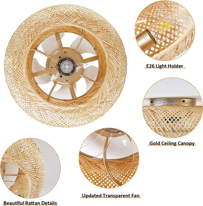 Rattan Hand-woven Caged Remote control LED Ceiling Fan