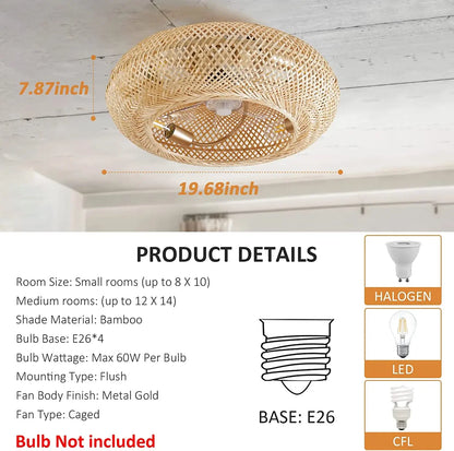 Rattan Hand-woven Caged Remote control LED Ceiling Fan
