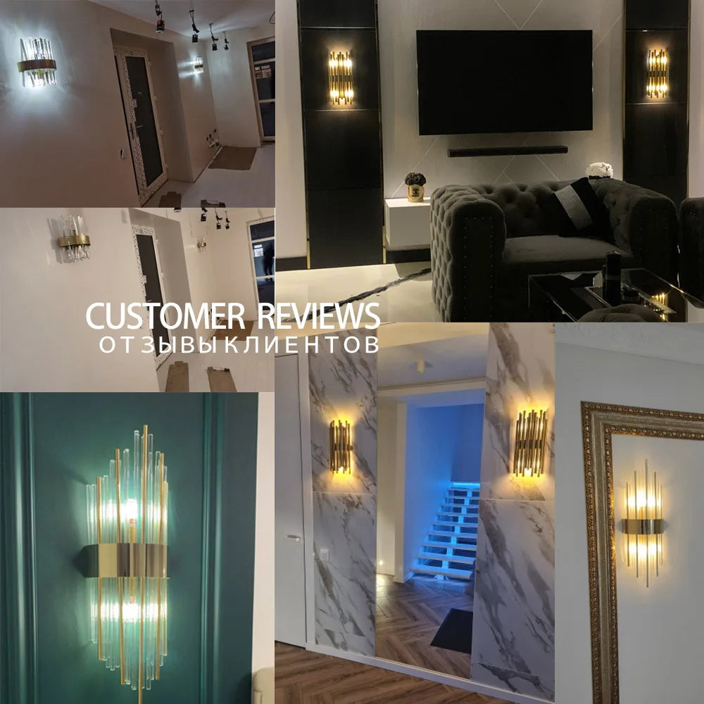 Luces de pared de cristal de oro moderno, candelabro LED para dormitorio, sala de estar, decoración del hogar, accesorios interiores para baño
