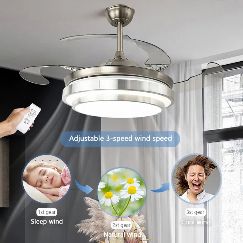 Dimmable Retractable Blade ceiling Fan Light LED