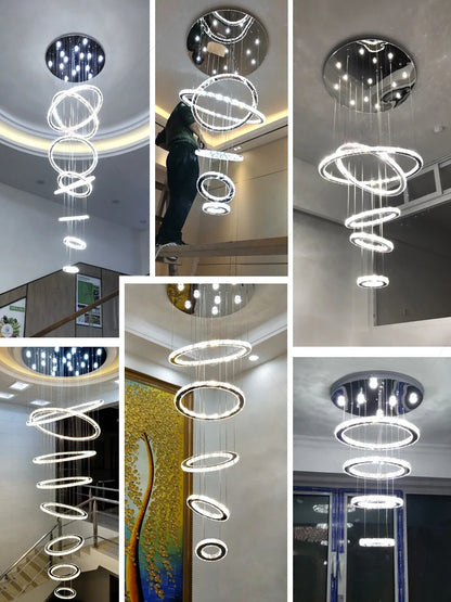 Escalera de cristal de lujo moderna, candelabro grande para loft, diseño de anillos, lámparas colgantes, iluminación interior para vestíbulo de Villa, accesorios de brillo