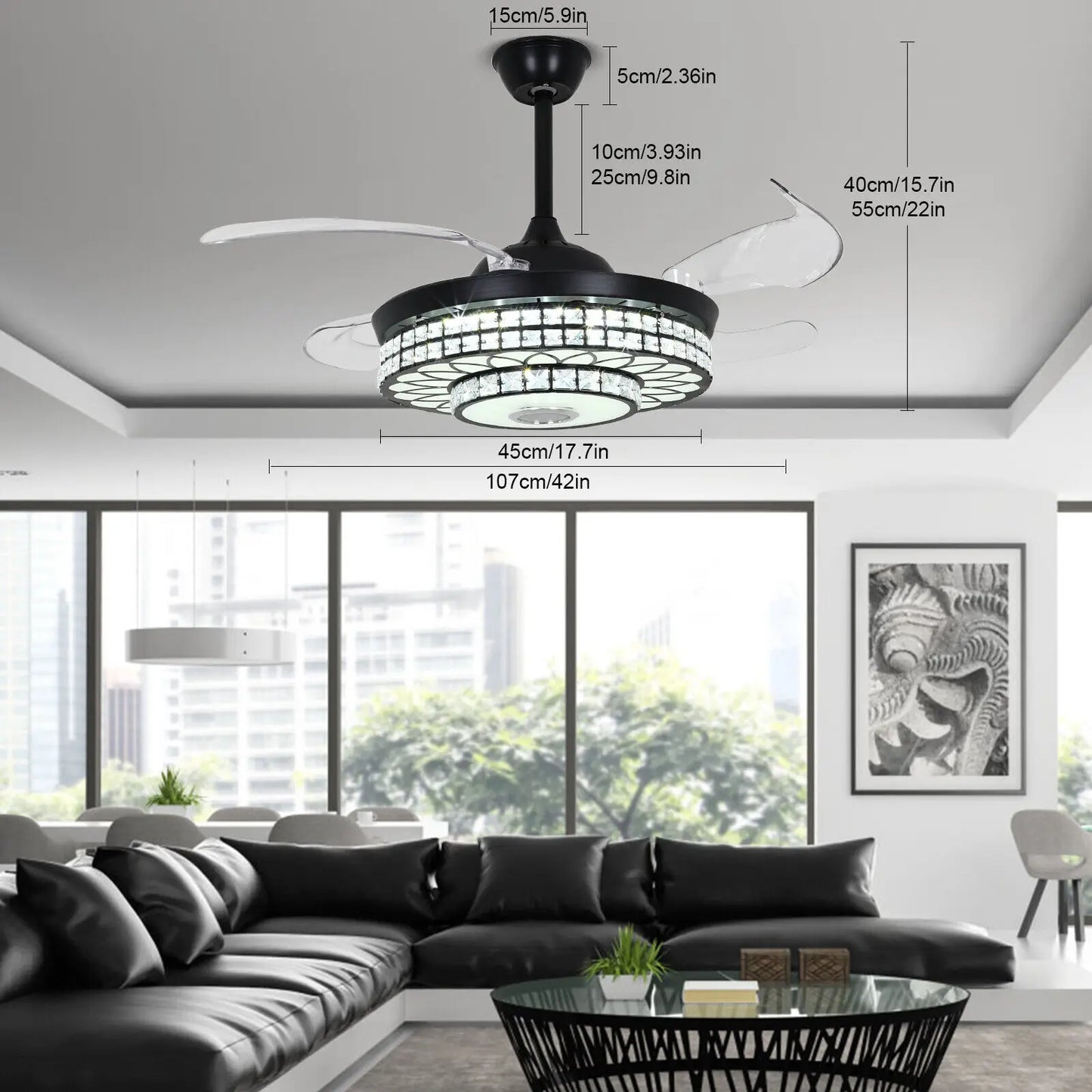LED Retractable Bluetooth Music Speaker  7-Color Crystal Modern Ceiling Fan