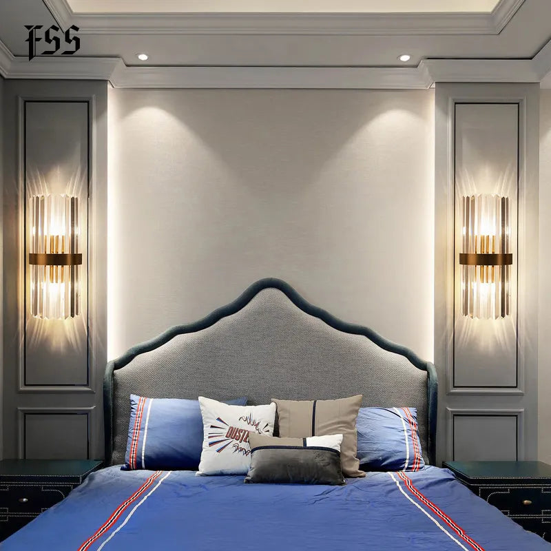 Luces de pared de cristal de oro moderno, candelabro LED para dormitorio, sala de estar, decoración del hogar, accesorios interiores para baño
