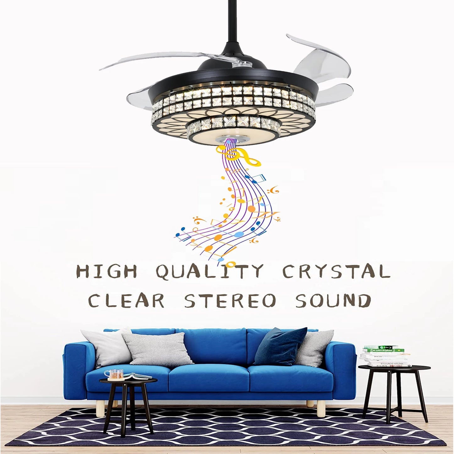 LED Retractable Bluetooth Music Speaker  7-Color Crystal Modern Ceiling Fan