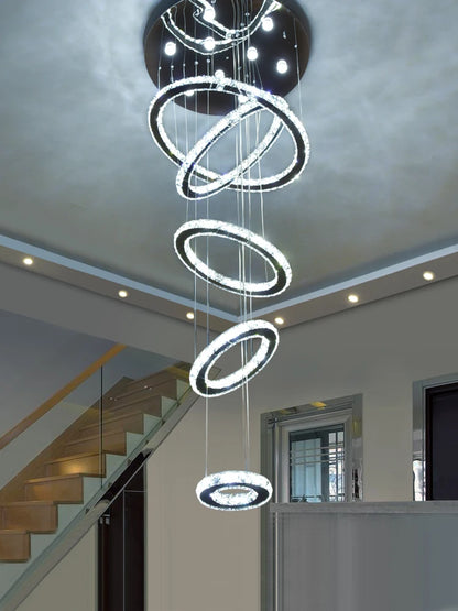 Escalera de cristal de lujo moderna, candelabro grande para loft, diseño de anillos, lámparas colgantes, iluminación interior para vestíbulo de Villa, accesorios de brillo