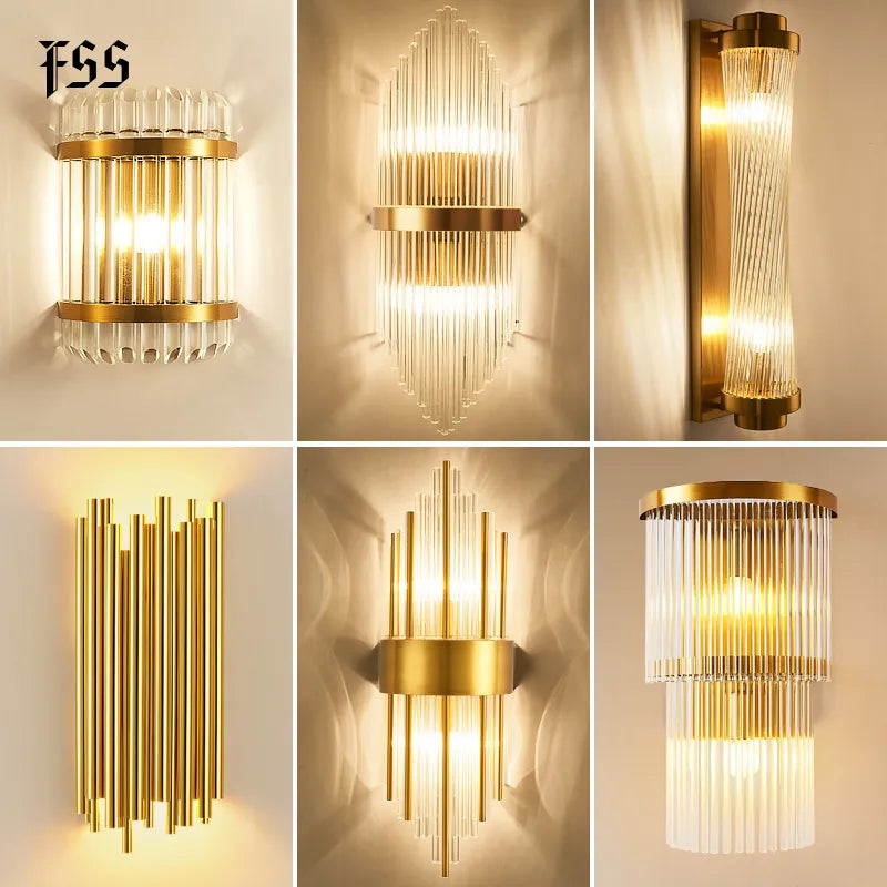 Luces de pared de cristal de oro moderno, candelabro LED para dormitorio, sala de estar, decoración del hogar, accesorios interiores para baño