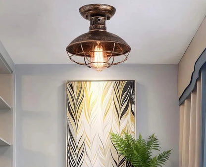 Lámpara de techo industrial de bronce frotado con aceite con jaula de metal, accesorio de iluminación semiempotrado para cocina de porche de granja