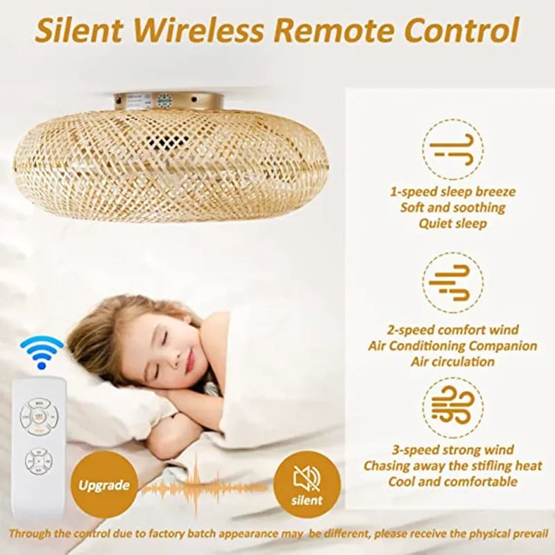 Rattan Hand-woven Caged Remote control LED Ceiling Fan