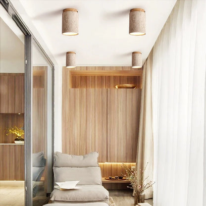 Lámpara de techo Led, luz empotrada montada en superficie, estilo japonés, piedra, madera, redonda, 110V, 220V, para sala de estar, pasillo, porche y balcón
